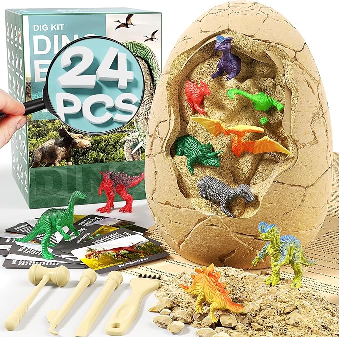 24 Dinosaurs Excavation Kit, Dino Egg Dig Kit with Magnifier, Surprise Dinosaur Toys for Kids 3 4 5 6 7 8 9 10 11 12 Years Old, Science Experiments STEM Birthday Party Favors Gifts for Boys & Girls
