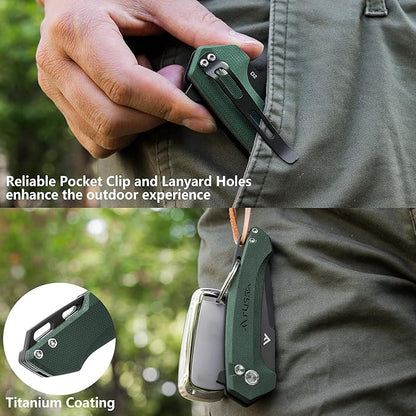 FLISSA Pocket Folding Knife, 3.2??D2 Blade G10 Handle EDC Knife with Button Lock and Pocket Clip for Hunting, Camping, Survival, Outdoor Activities(Green)