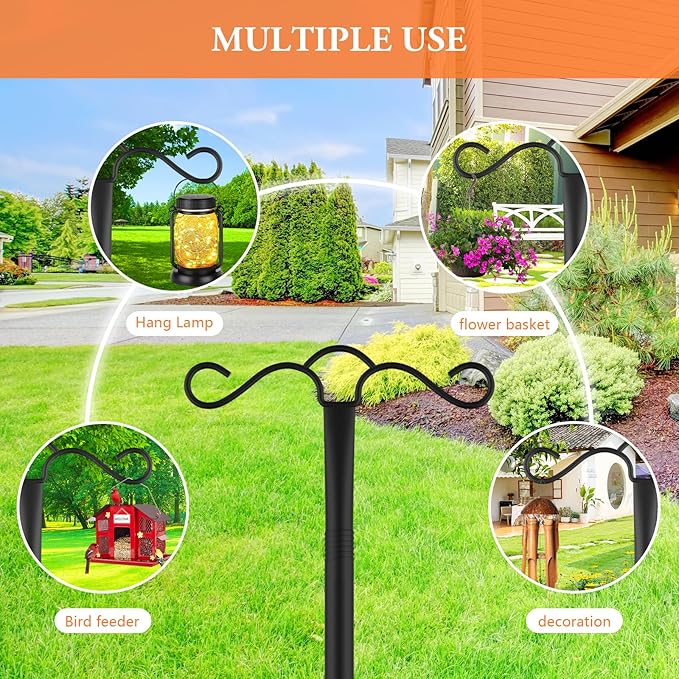 Double Shepherds Hook for Outdoor with 5 Prong Base 90 Inch Heavy Duty Two Sided Bird Feeder Pole for Hanging Lantern,Hummingbird Feeder,Lightweight Plant,Shepherds Hook for Bird Feeders