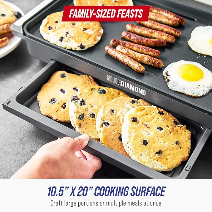 Blue Diamond 20” x 10.5” Extra Large Electric Griddle, Healthy Ceramic Nonstick