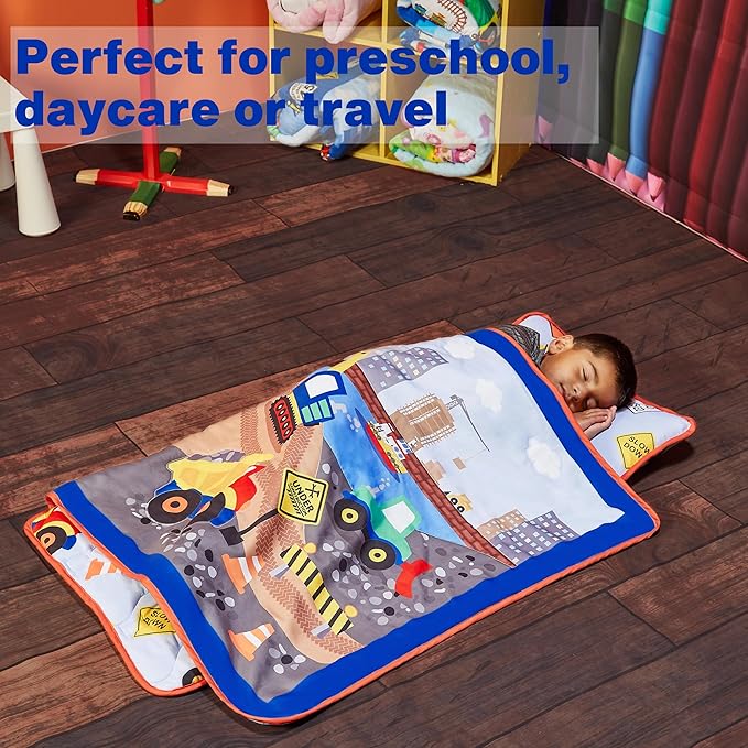 EVERYDAY KIDS Toddler Nap Mat with Removable Pillow -Under Construction- Carry Handle with Fastening Straps Closure, Rollup Design, Soft Microfiber for Preschool, Daycare, Sleeping Bag -Ages 2-6 years