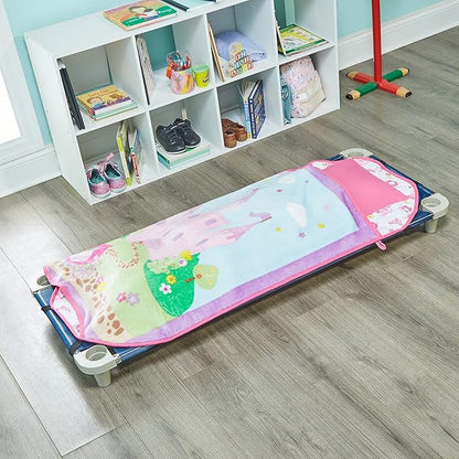 EVERYDAY KIDS Cute Preschooler and Toddler Cot Nap Mat for Home, Daycare, Preschool and Kindergarten; Easy to Roll Sleeping Mat with Elastic Straps, Pillow and Blanket