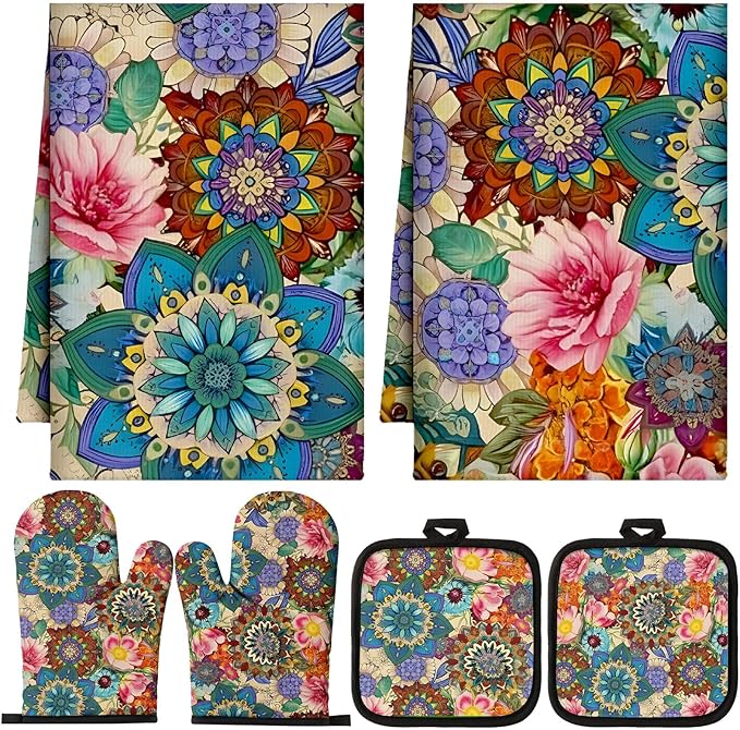 Jingmore 6 Pcs Kitchen Decor Set Accessory Farmhouse Kitchen Towels Pot Holders