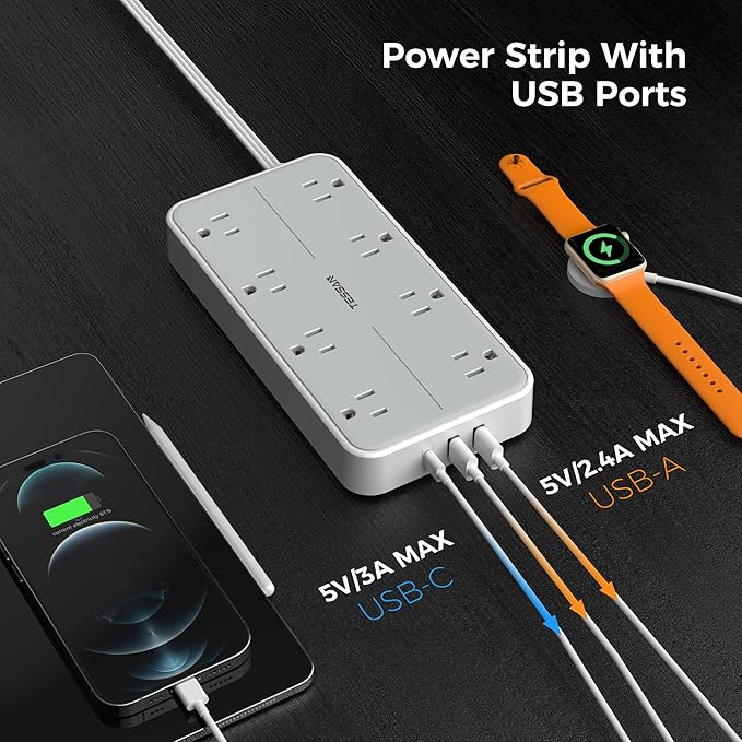 Power Strip Surge Protector 10 FT, TESSAN Flat Plug Extension Cord