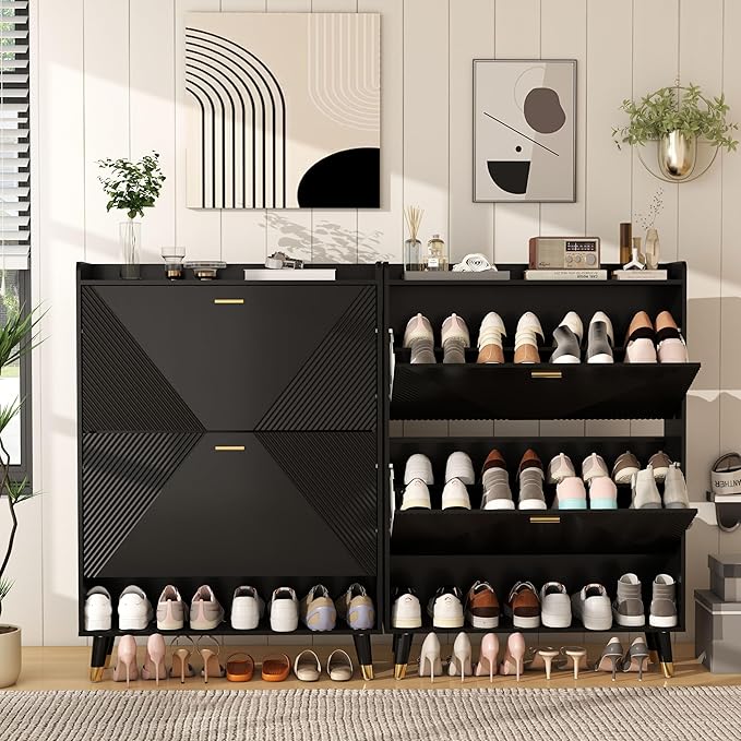 Shoe Cabinet Storage for Entryway: 32" Black Shoe Organizer Cabinet