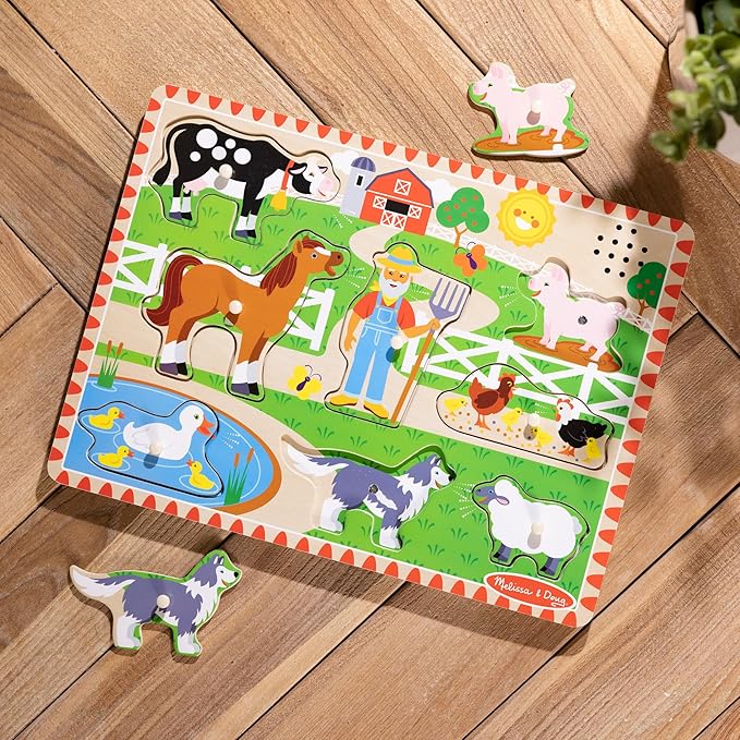 Melissa & Doug Old MacDonald's Farm Song Puzzle – 8-Piece Wooden Peg Puzzle with Light-Activated Sounds, Music Learning Toy for Toddlers and Preschoolers Ages 2+
