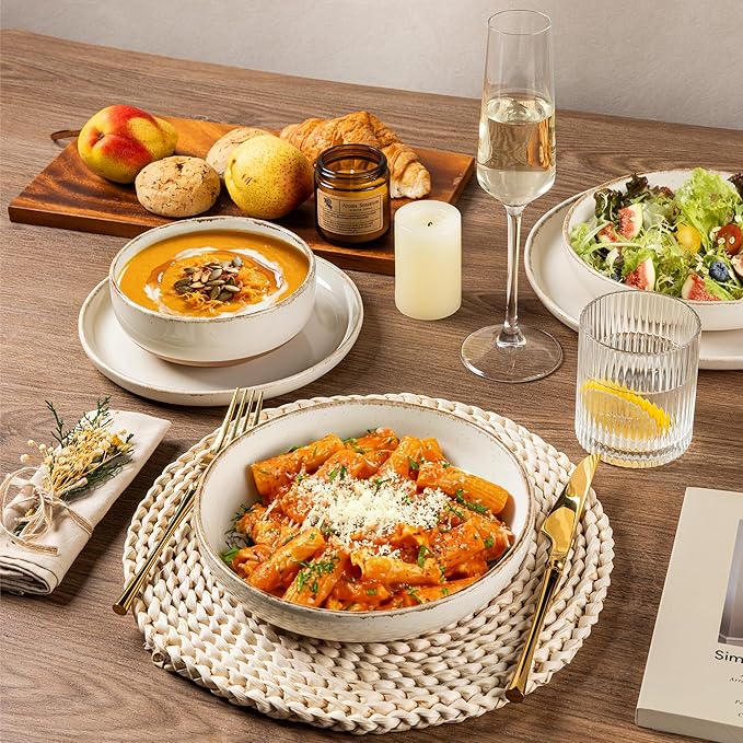 AmorArc Ceramic Dinnerware Sets with Pasta Bowls for 4, Handpainted Plates and Bowls Set with Rustic Terracotta Underside, Scratch Resistant Dishes Set, Dishwasher & Microwave Safe, 16 Pcs