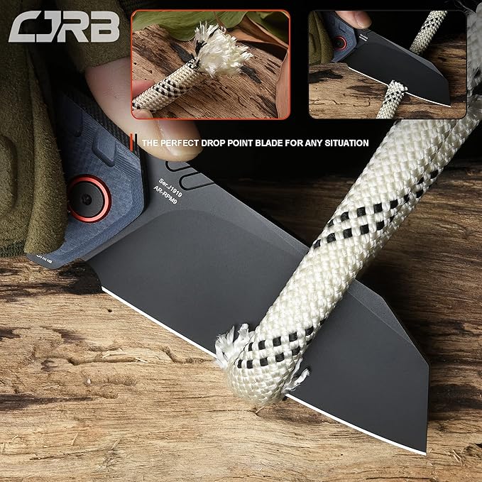 CJRB Tigris Tactical Knife, Pocket Knife with AR-RPM9 Powder Steel Black PVD Blade Black & Blue G10 Handle for EDC Camping Hunting (J1919)