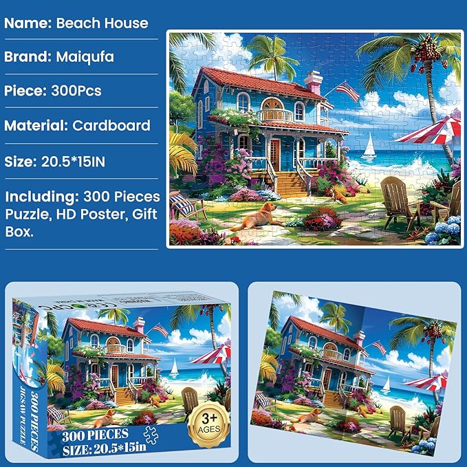 300 Pieces Puzzle for Adults | Beach House Puzzle | Recycled Cardboard Large Piece Jigsaw Puzzles 300 Pieces | Challenging Game Home Decor Birthday Party Gift Toy for Adults Kids Seniors 20.5*15 inch