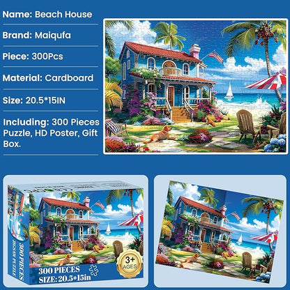 300 Pieces Puzzle for Adults | Beach House Puzzle | Recycled Cardboard Large Piece Jigsaw Puzzles 300 Pieces | Challenging Game Home Decor Birthday Party Gift Toy for Adults Kids Seniors 20.5*15 inch