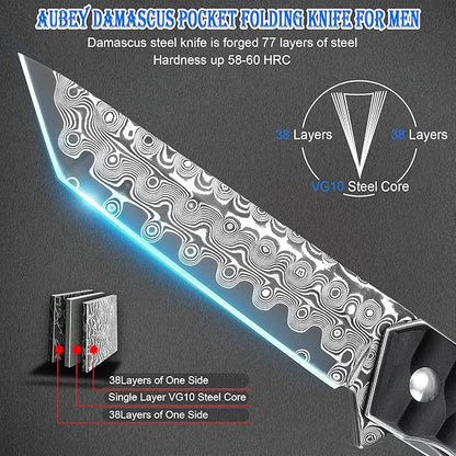 AUBEY Damascus Pocket Knife with Clip, Tanto Blade Damascus Steel Folding Knives for Men Tactical, Aluminum Handle with Glass Breaker for EDC Camping Gift