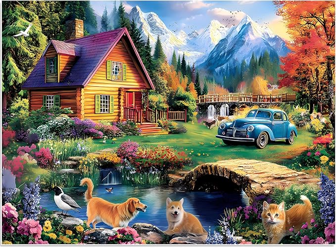 500 Piece Puzzles for Adults,Beautiful Country Cottage Jigsaw Puzzle for Adults Kids Seniors,Recycled Cardboard Dogs Cat Puzzle 500 Piece,Family Activity Great Gift for Family Friends 20.5 * 15 inch