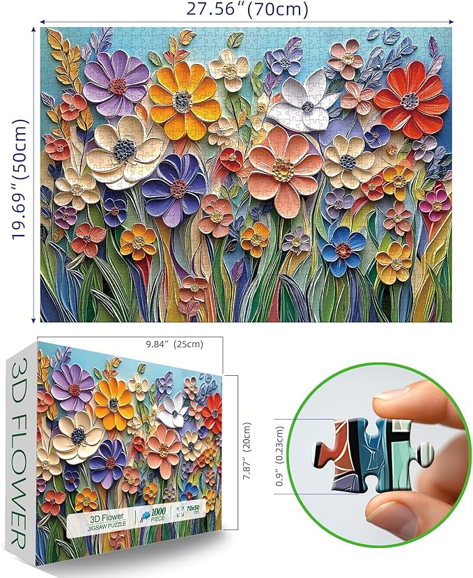 Colorful Embossed Flowers Puzzles for Adults, Plant Floral Puzzle Art, Impossible Hard Difficult Challenging Jigsaw Puzzles 1000 Pieces Painting