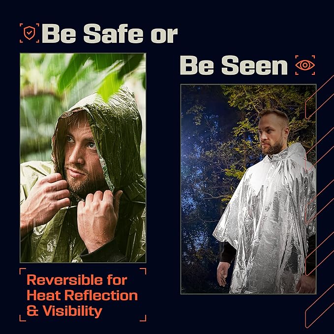 PREPARED4X Emergency Poncho and Mylar Blanket Liner - Waterproof, Wind-Resistant Outdoor Rain Poncho for Camping, Emergencies