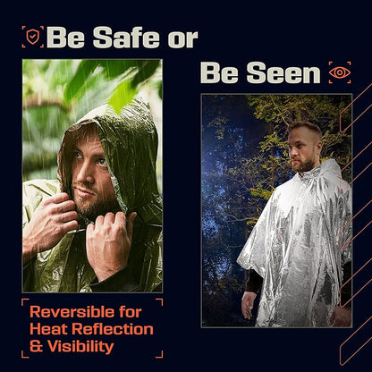 PREPARED4X Emergency Poncho and Mylar Blanket Liner - Waterproof, Wind-Resistant Outdoor Rain Poncho for Camping, Emergencies