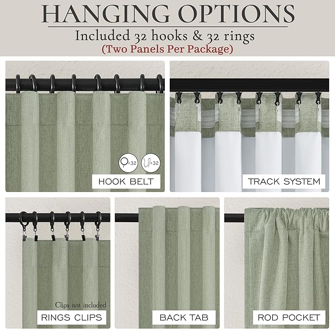 Sage Green Blackout Linen Curtains 108 Inches Long