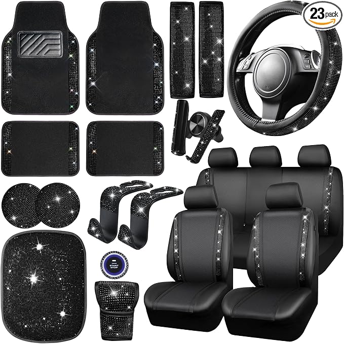 CAR PASS 23 PCS Bling Diamond Car Accessories Set for Women, Leather Seat Covers Full Set Floor Mats Steering Wheel Cover, Coasters Seat Belt Covers Phone Holder Universal Fit Car SUV Truck Van Black