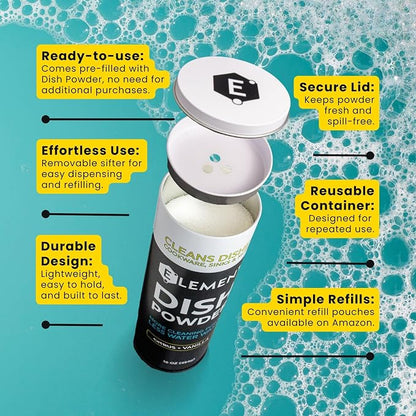 ELEMENT Dish Powder | Pre-Filled Refillable Shaker with Grease-Fighting Dish Soap | Liquidless, Plastic-Free | No Harsh Chemicals (Citrus + Vanilla, 16 OZ in Refillable Shaker)