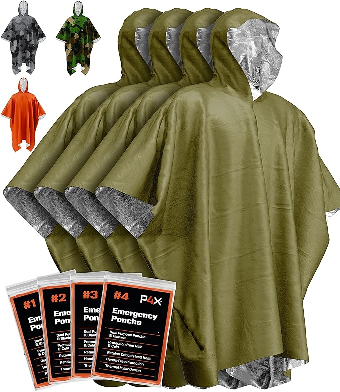 PREPARED4X Emergency Poncho and Mylar Blanket Liner - Waterproof, Wind-Resistant Outdoor Rain Poncho for Camping, Emergencies