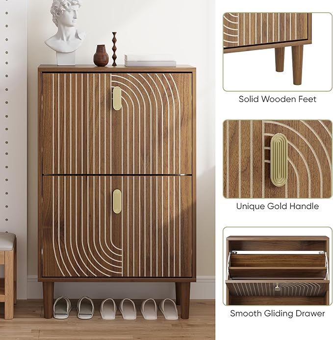 Smuxee Shoe Cabinet with 2 Flip Drawers, 23.6" Walnut Hidden Shoe Storage
