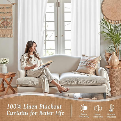 LAMIT 100% Blackout White Linen Curtains 48 Inches Long, Linen Textured Living