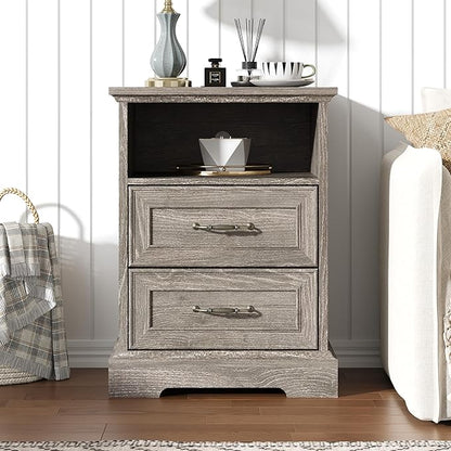 Nightstand with Charging Station, Rustic Farmhouse Wood Small Dresser, Bedside