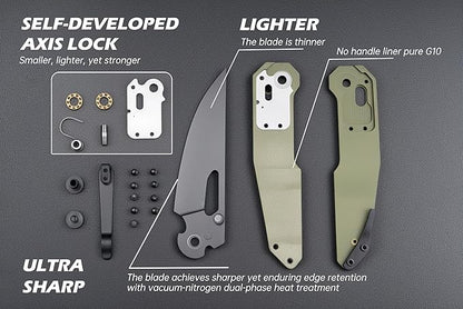 Hightron Sharplyn Folding Knife, 3.6" 14C28N Steel Blade with Black PVD OD Green G10 Handle Pocket Knife with Pocket Clip for Men Women Lightweight EDC Knives for Outdoor