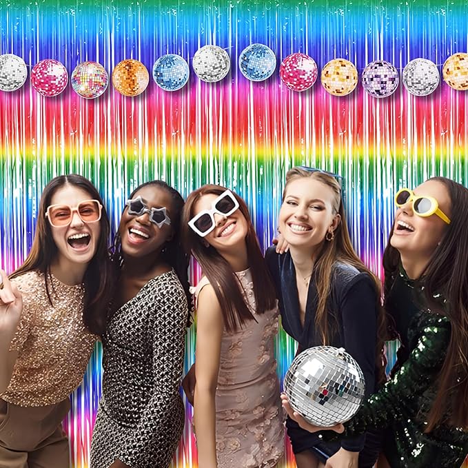 BRAVESHINE Fringe Backdrop Tinsel Foil Curtains - 2 Pack Colorful Metallic Streamers Backdrops for Doorway Decor/80's/90's/Dance/Graduates/Rainbows-Theme/Candylands/Kids Birthdays Party Decorations