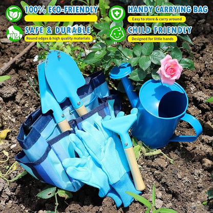 Kids Gardening Tools Set, Toddler Play Kit Child Outdoor Toy with Gloves, Watering Can, Metal Shovel, Rake, Spade & Storage Bag, Backyard Sand Digging Birthday for Boys Girls 3-5 (Blue)