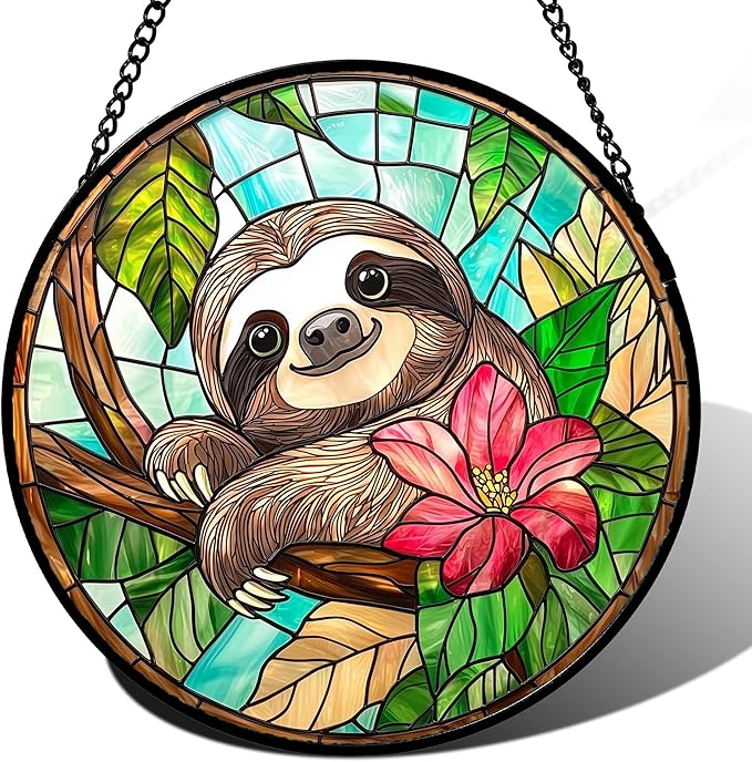 AMDERVEN Stained Glass Window Hanging, Cute Sloth Sun Catcher