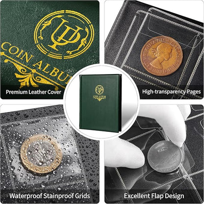 160 Pockets Coin Album - 10 Sheets Mixed Sizes Coin Holder 45x43/33x33 mm Collecting Grid for Pounds Pence Cents (Green) CS48160GR