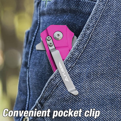 FLISSA Folding Pocket Knife, Tactical Knife with Liner Lock, Tanto Blade, Pocket Clip, Glass Breaker, Seatbelt Cutter, Perfect for Hunting, Camping, Survival (Pink)