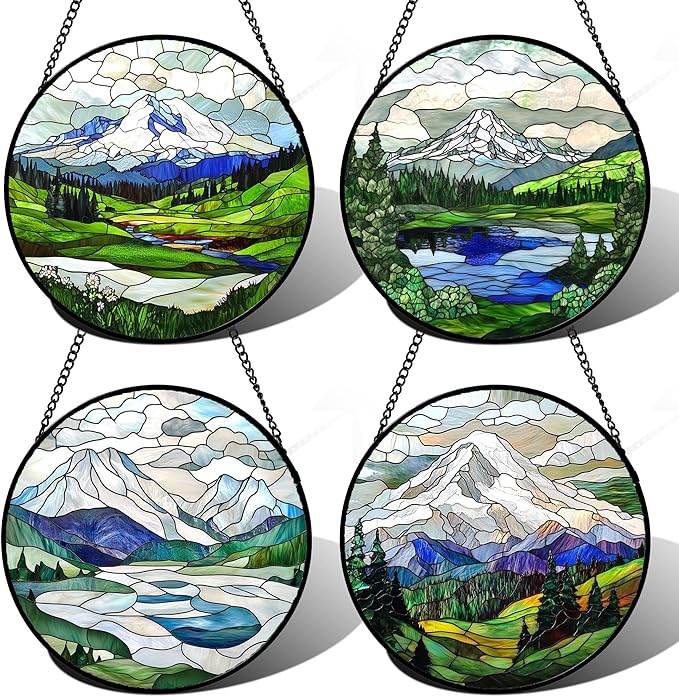 DASTOLL Stained Glass Window Hanging 4 Pcs Set Mountains Lake Green White
