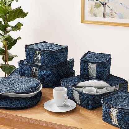 8-Piece Storage Containers Set – China, Navy, Quilted, Stackable Dish & Plate Protectors – Glass & Dinnerware Organizer Lids – Kitchen Storage for Meal, Tupperware, Glass Containers & Food Storage