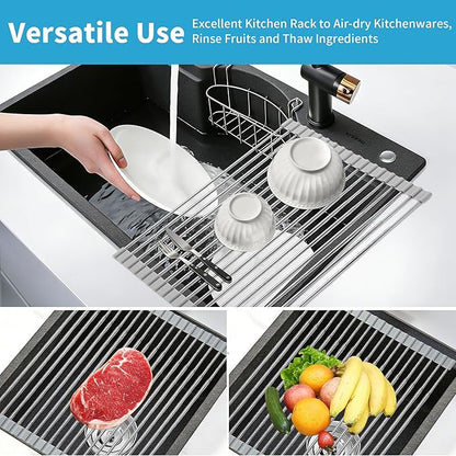 Expandable Roll-UP Dish Drying Rack-Large 304 Stainless Steel Dish Drainer Over