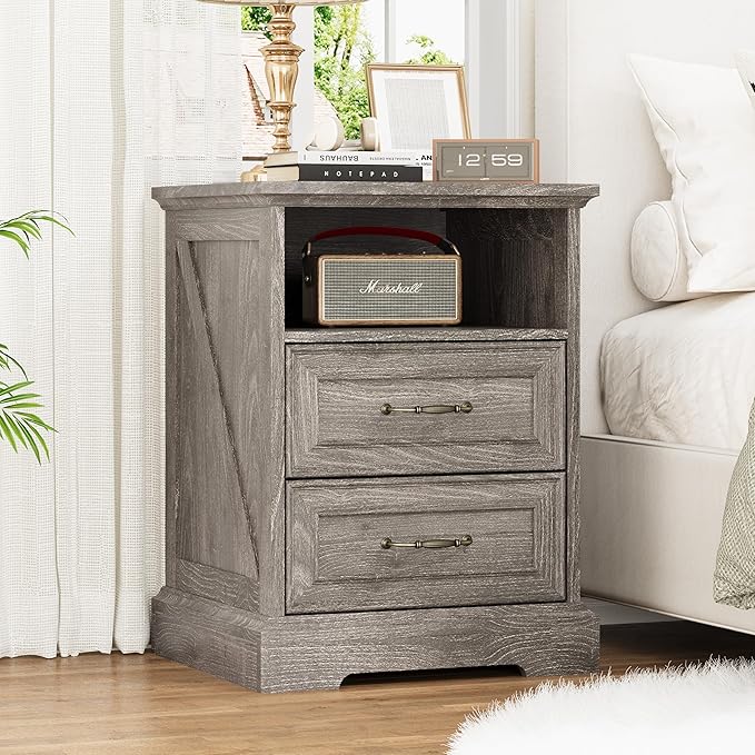 Nightstand with Charging Station, Rustic Farmhouse Wood Small Dresser, Bedside