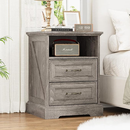 Nightstand with Charging Station, Rustic Farmhouse Wood Small Dresser, Bedside