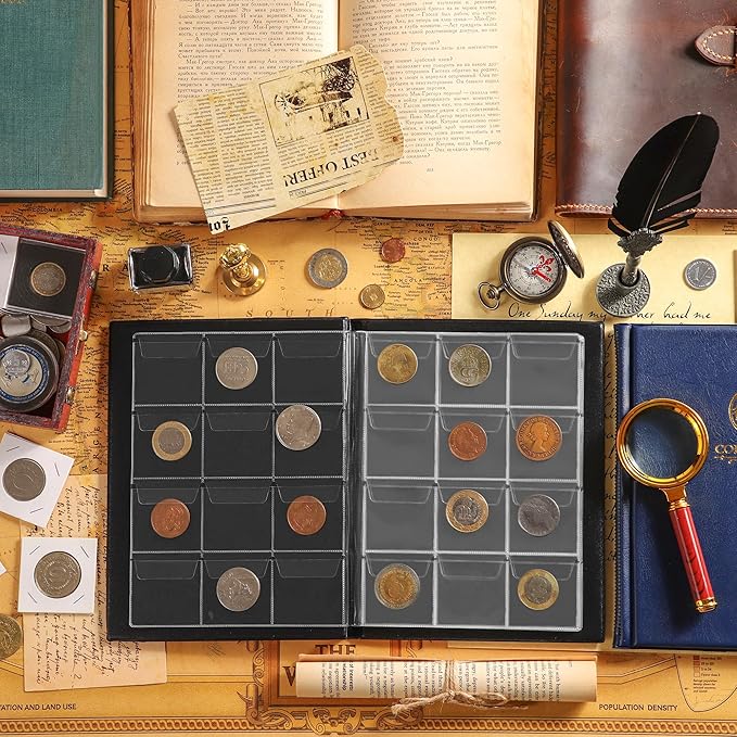 120 Pockets Coin Album - Coin Collecting Book with 10 Pages, 45x43 mm Grid Holder for Pounds Pence Cents Dollars Nickel (Blue) CS48120BL
