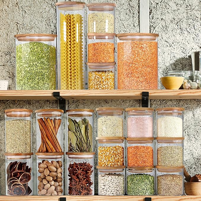 Urban Green Glass Jars with Airtight Lids, Airtight Glass Canisters set, Large Food Storage Containers with Wood Lids, 2 Pack of 100oz， Dry Food Pantry Jars, Flour Containers