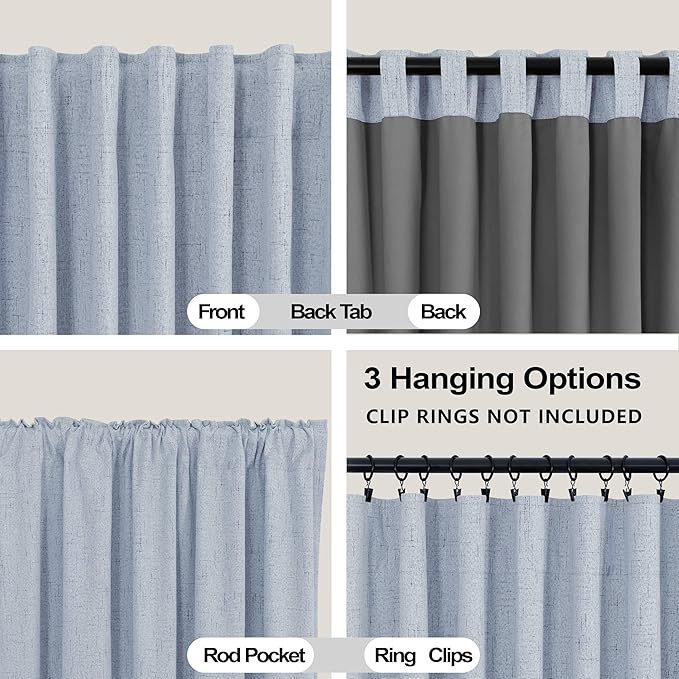 KOUFALL Light Blue Back Tab Linen Blackout Curtains 52x90 Inches Long
