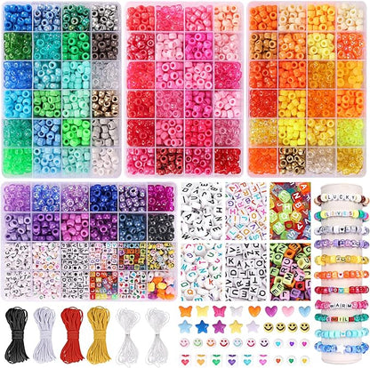 QUEFE 4900pcs Pony Beads Kandi Bracelet Kit, Friendship Bracelet Making Kit with 84 Colors Kandi Beads, Hair Beads and Letter Heart for Craft Gifts Bracelets Jewelry Making with Elastic Strings