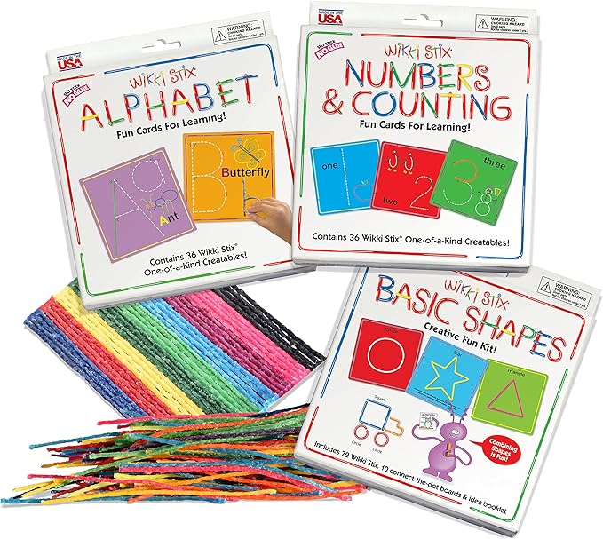 Wikki Stix Early Learning Trio, Alphabet, Numbers and Shapes for Easy, Fun Preschool Learning, Made in The USA