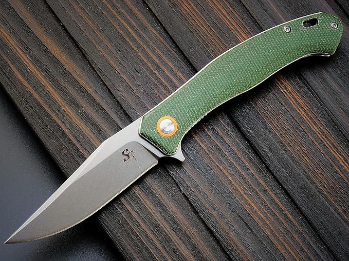 Sitivien ST112 Folding Knife, D2 Blade and Micarta Handle EDC Tool Knife with Pocket Clip for Outdoor Camping Hiking Survival(Army green)