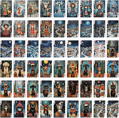 Fairytale Christmas Playing Cards (Poker Deck 54 Cards All Different) Naïve Art Adorable Christmas Girls Fairies Dogs and Cats Wintery Landscapes Vintage Kids Book Illustration