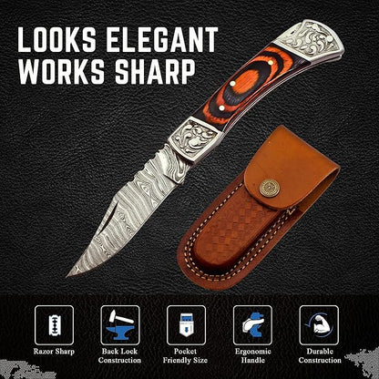 Handmade Damascus Pocket Knife for Men - 7.2 Inches Engraved Steel Damascus Folding Pocket Knife with Belt Holster - Pocket Knives & Folding Knives with Sheath & Back Lock - EDC Knife Pocket.(Orange)