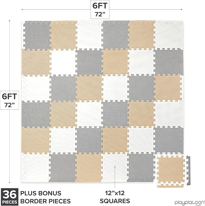 Play Platoon Non-Toxic Foam Puzzle Floor Mat, Comfortable, Extra Thick, Cushiony Exercise and Play Mat for Toddlers, Kids & Adults, 36 Tiles (12"x12"), Warm Grey/Cream/Sand