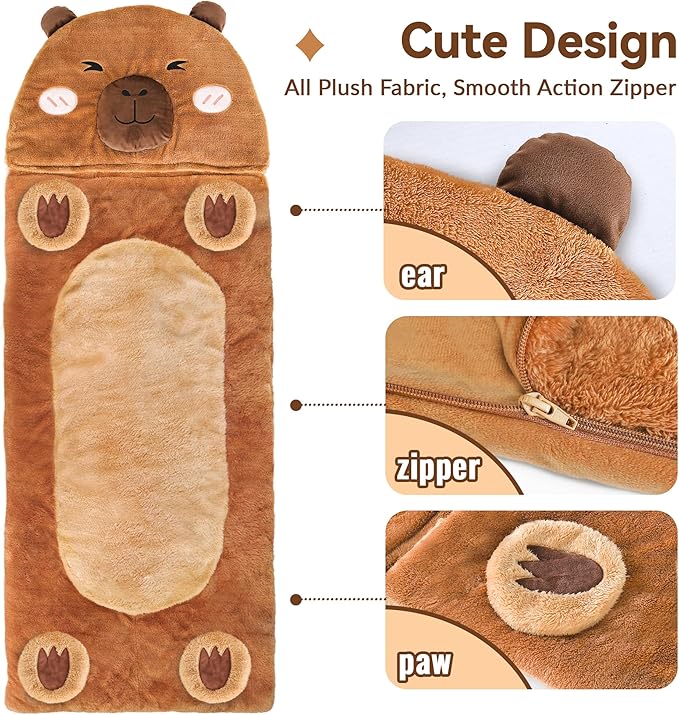 iPlay, iLearn Kid Sleeping Bag, Plush Capybara Slumber Bag, Toddler Girl Boy Nap Mat, 2 In 1 Brown Animal Pillow, Happy Travel Sleepover Daycare Preschool Birthday Gift for Age 3 4 5 6 7 8 10 12 Child