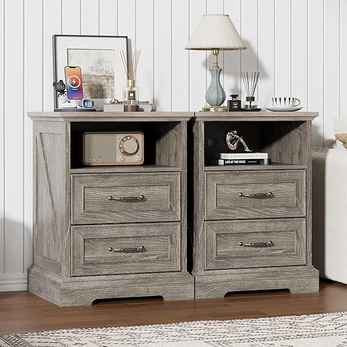 Nightstand with Charging Station, Rustic Farmhouse Wood Small Dresser, Bedside