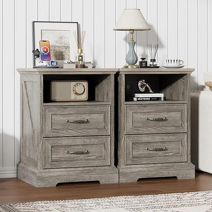 Nightstand with Charging Station, Rustic Farmhouse Wood Small Dresser, Bedside