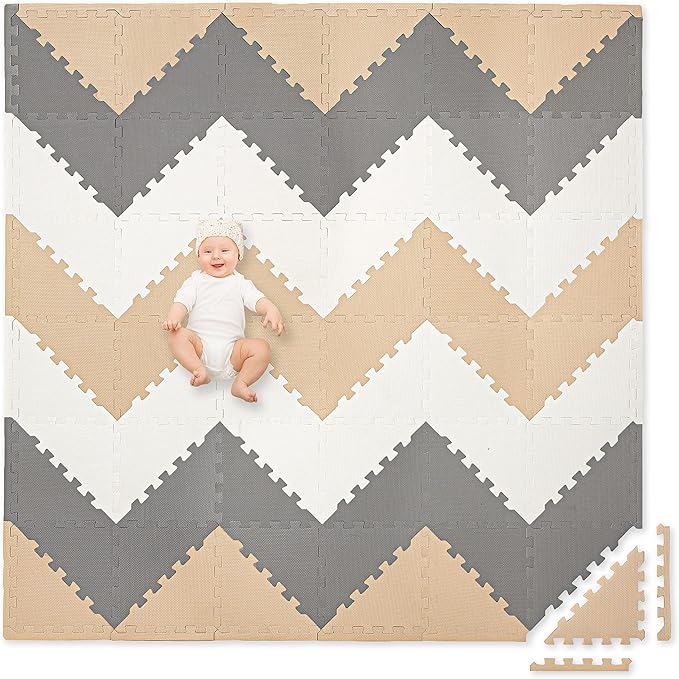 Play Platoon Non-Toxic Extra-Thick 96 Piece Triangle Play Mat - Comfortable 6x6ft Cushiony Foam Floor Puzzle Exercise Mat for Kids & Toddlers - Sand, Gray & Cream